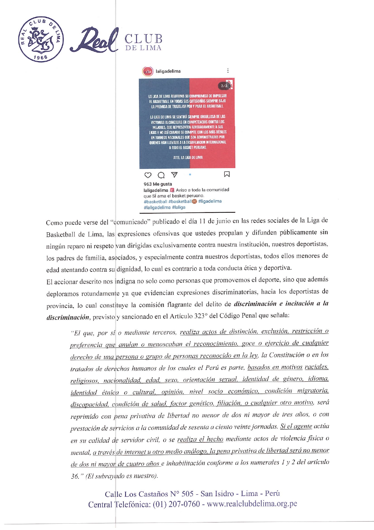 CARTA ACLARATORIA: No se metan con nuestros deportistas - Real Club de Lima  | Real Club de Lima, es una organización privada sin fines de lucro,  dedicada a brindar sano esparcimiento a